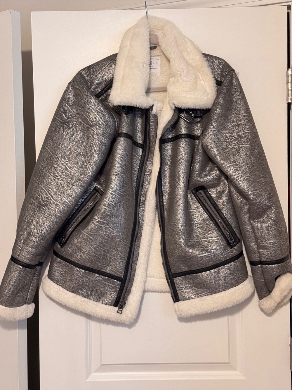 Urban Outfitters Metallic Silver Faux-Shearling Aviator Jacket with Cream Trim